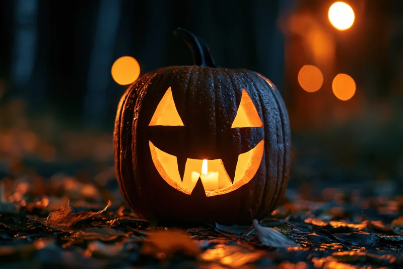 Carved jack-o-lantern with glowing triangular face sitting on leaf-covered ground in dark forest at night