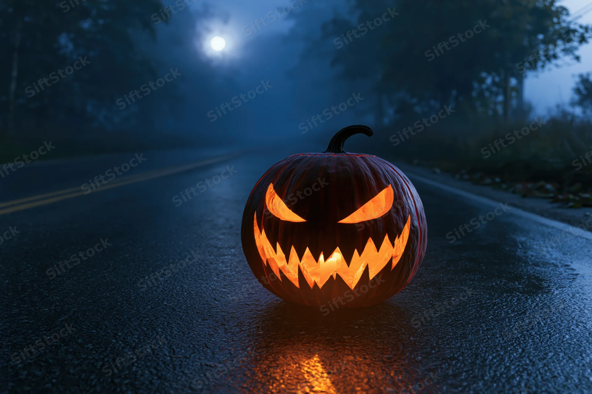 Carved jack-o-lantern with glowing menacing face on wet asphalt road at night under moonlight