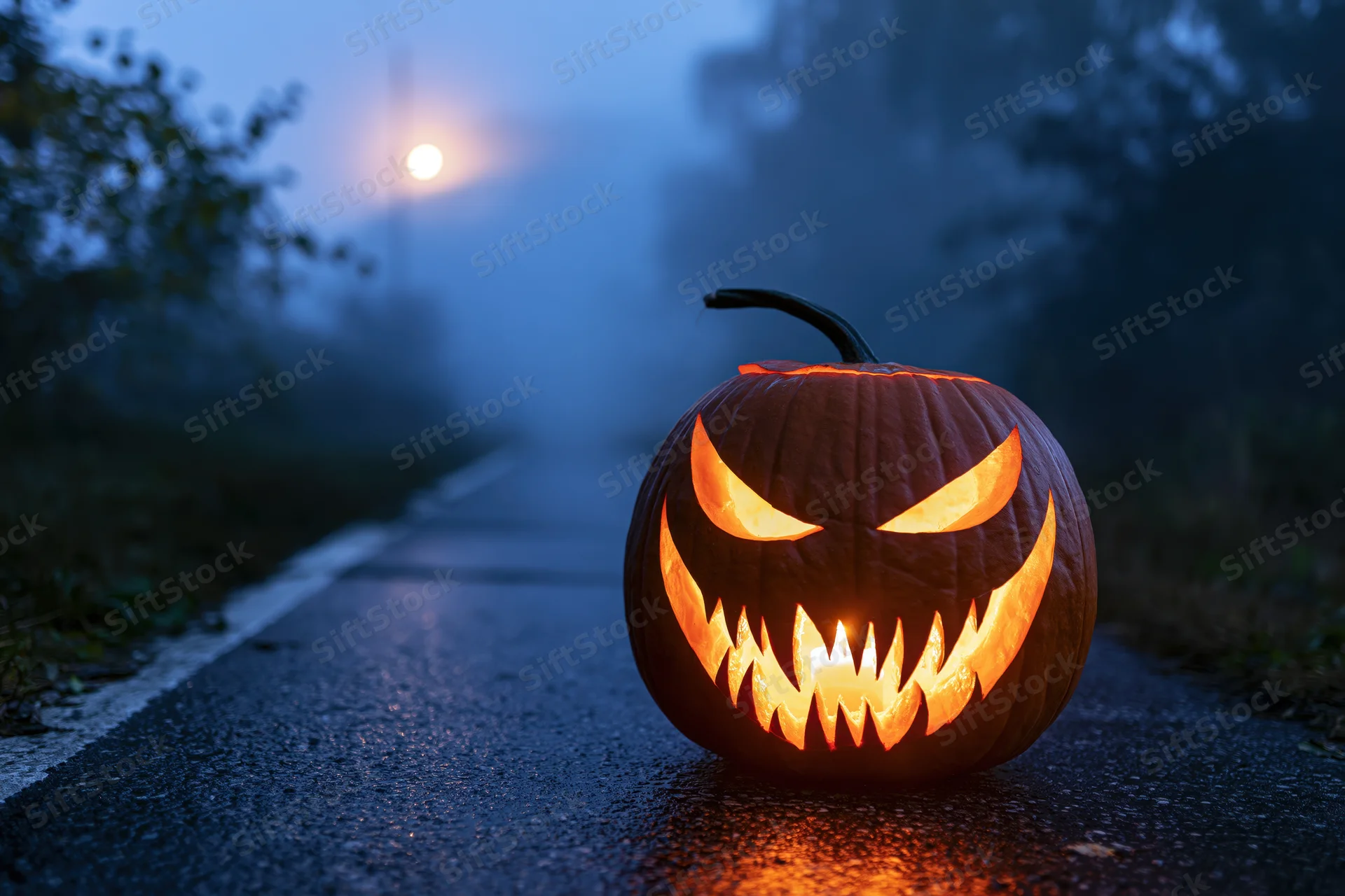 Carved jack-o-lantern with glowing menacing face on a foggy rural road at night