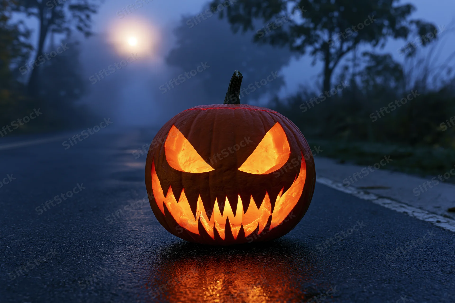 Carved jack-o-lantern with glowing menacing face sitting on wet asphalt road at night in foggy forest