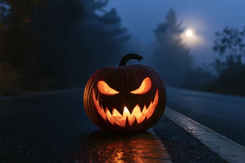 Carved jack-o-lantern with glowing face sitting on wet asphalt road at night under moonlight
