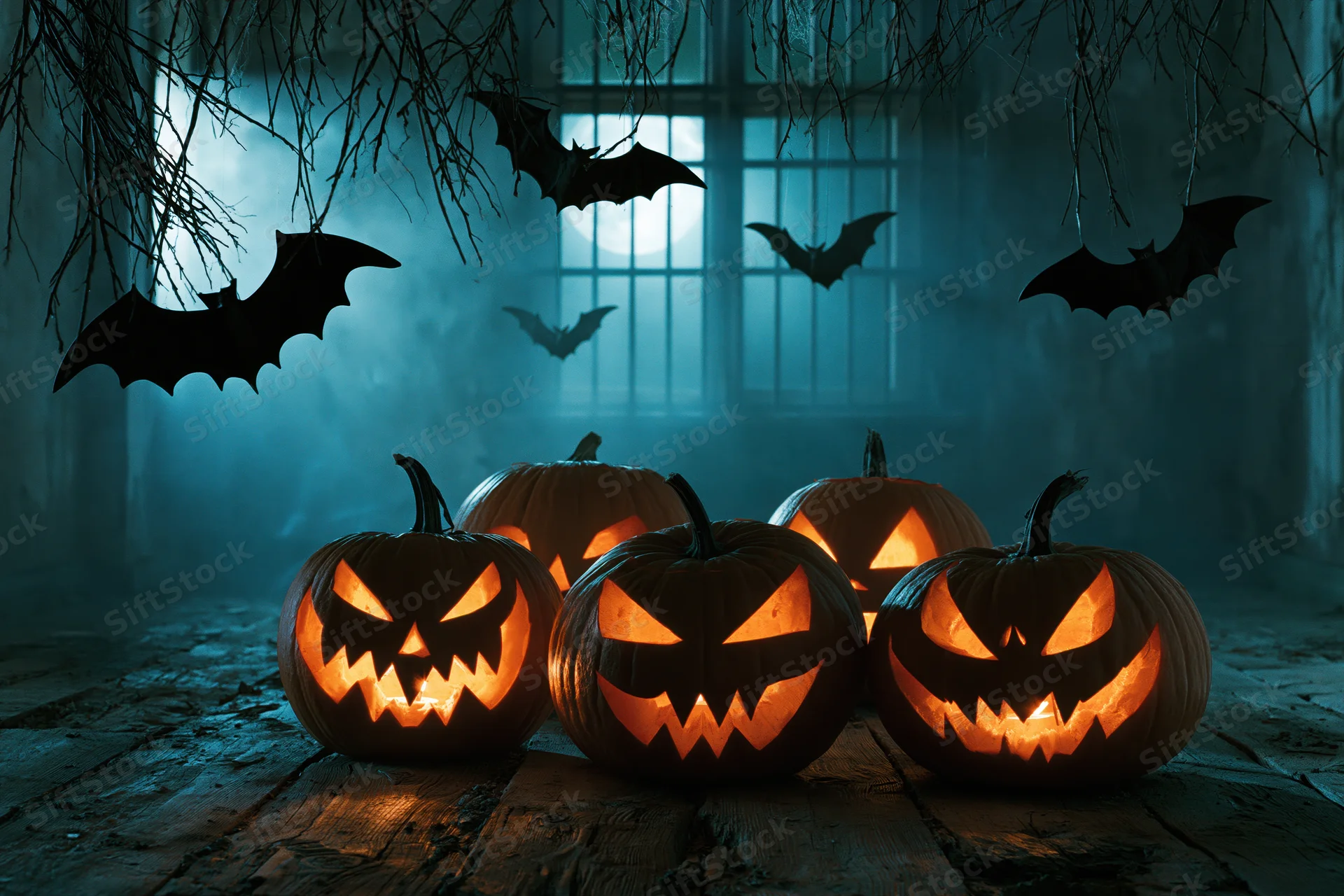 Carved jack-o-lanterns glowing on a rotting wooden floor with bats flying near a barred window at night