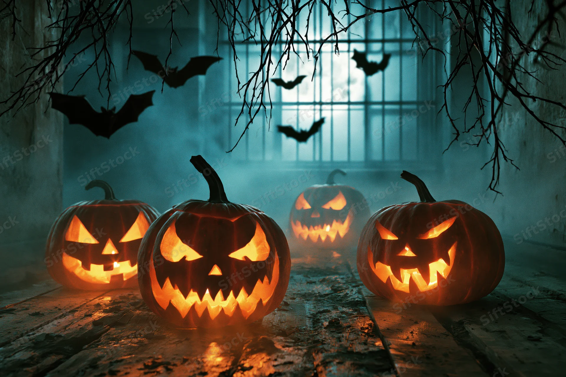 Carved jack-o-lanterns glowing on a rotting wooden floor beneath bare branches and flying bats near a barred window