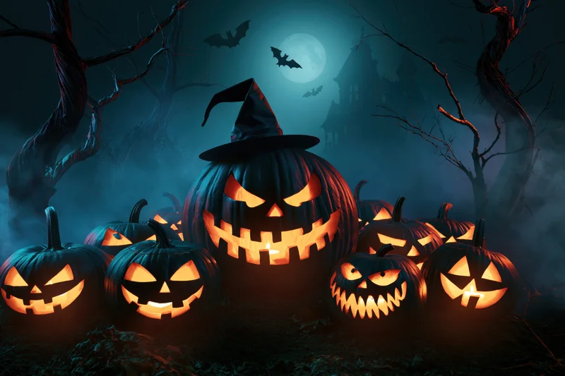Carved jack-o-lanterns glowing in a spooky forest at night with a full moon and bats flying near a haunted house