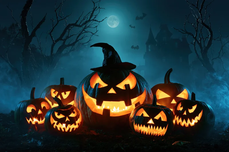 Carved jack-o-lanterns glowing in a spooky forest at night with a full moon and haunted house in the background