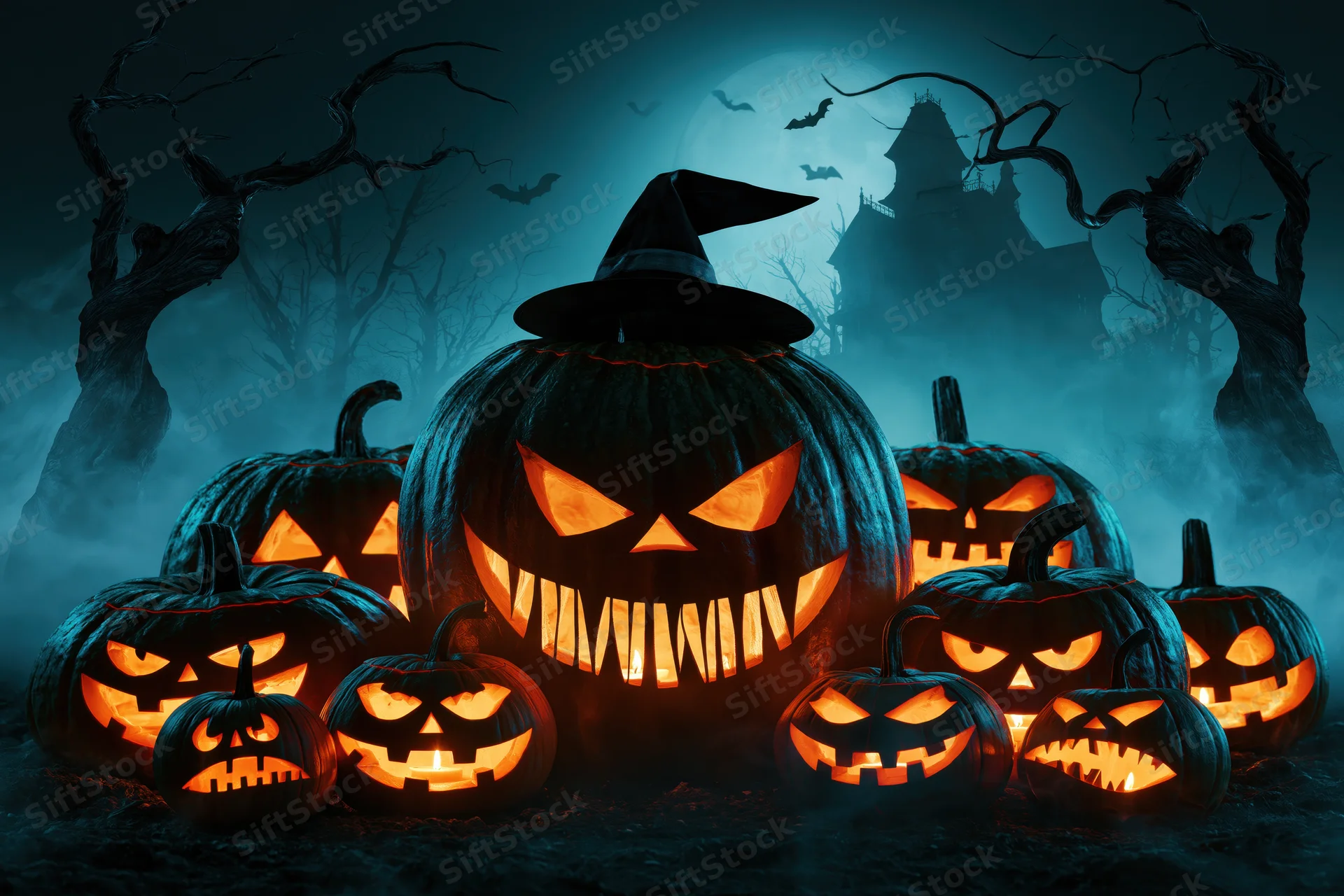 Carved jack-o-lanterns with glowing orange faces arranged on misty ground under full moon with haunted castle and bare trees in background