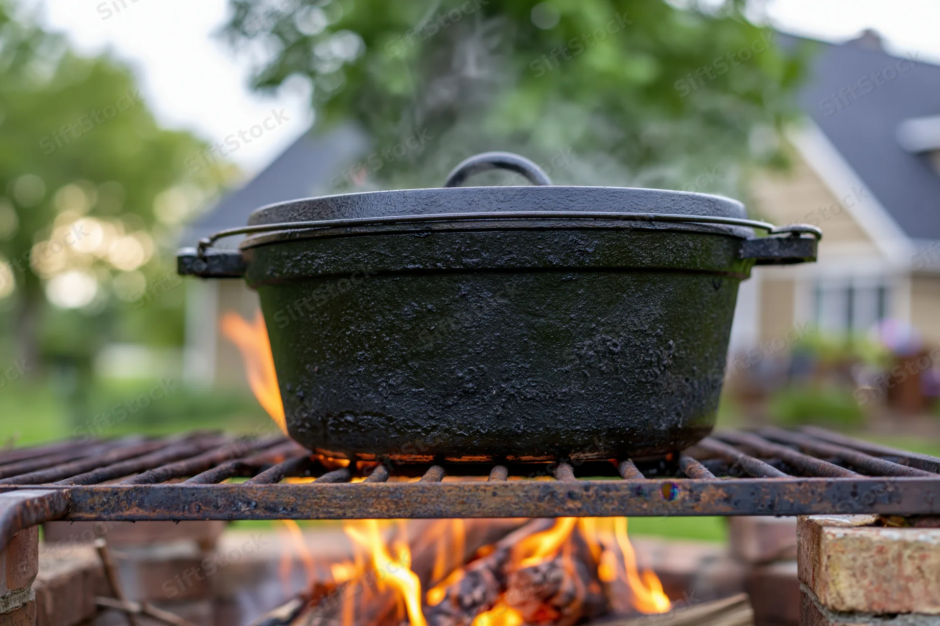 Cast iron dutch oven with lid cooking over open fire on metal grate in backyard