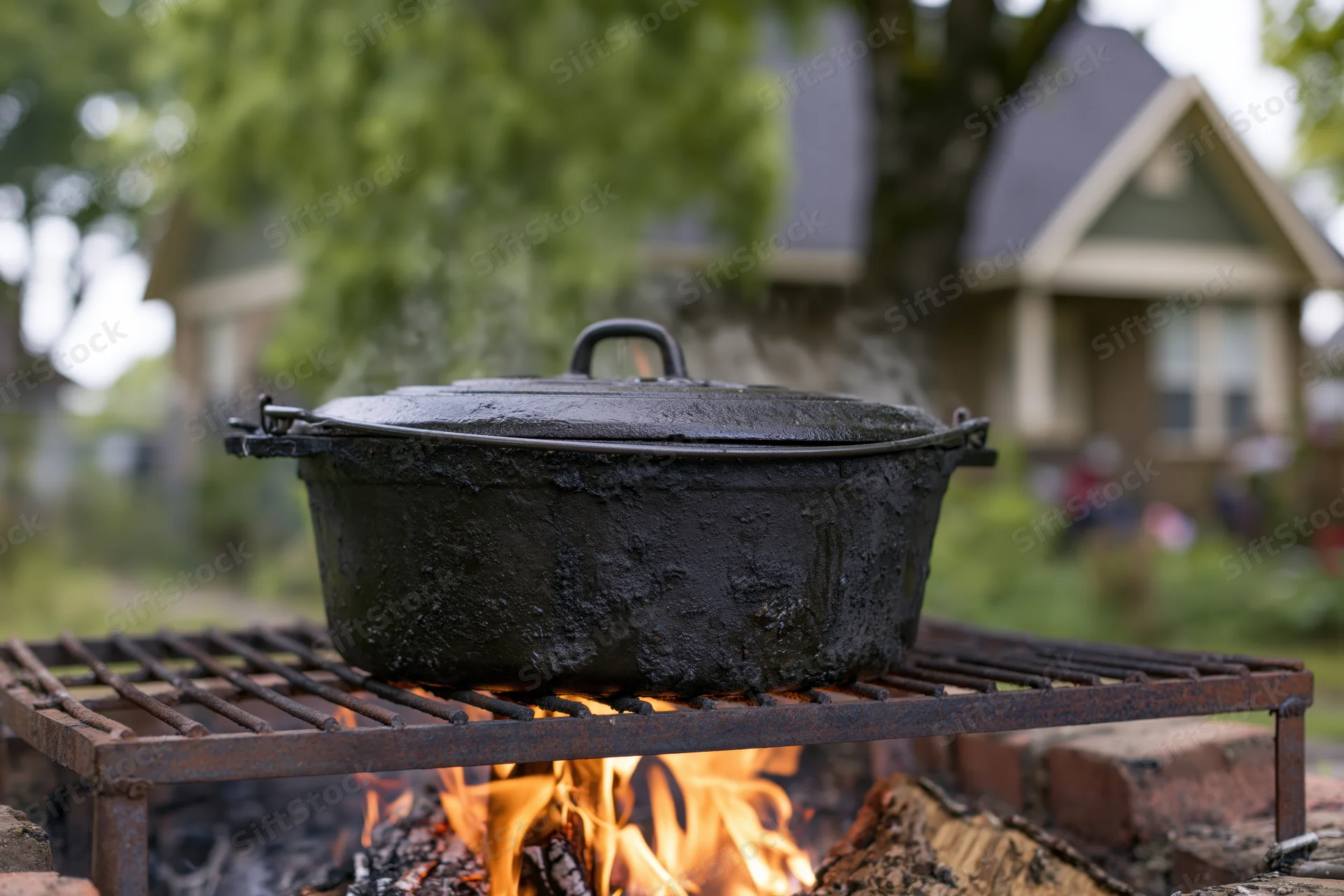 Cast iron dutch oven with lid cooking over a campfire on a metal grate in a backyard setting