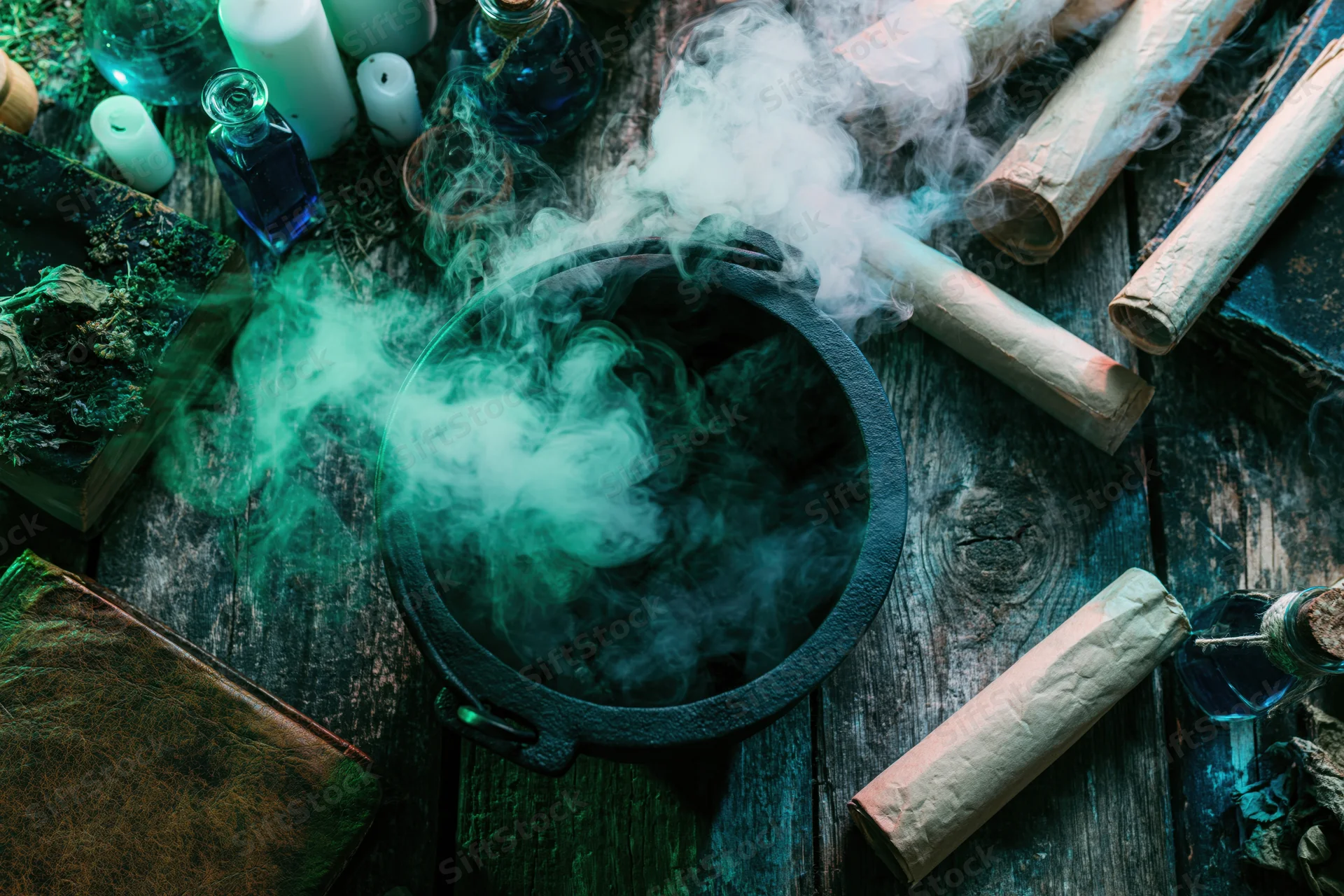 Cauldron billowing green smoke on a wooden table surrounded by scrolls, candles, and potion bottles