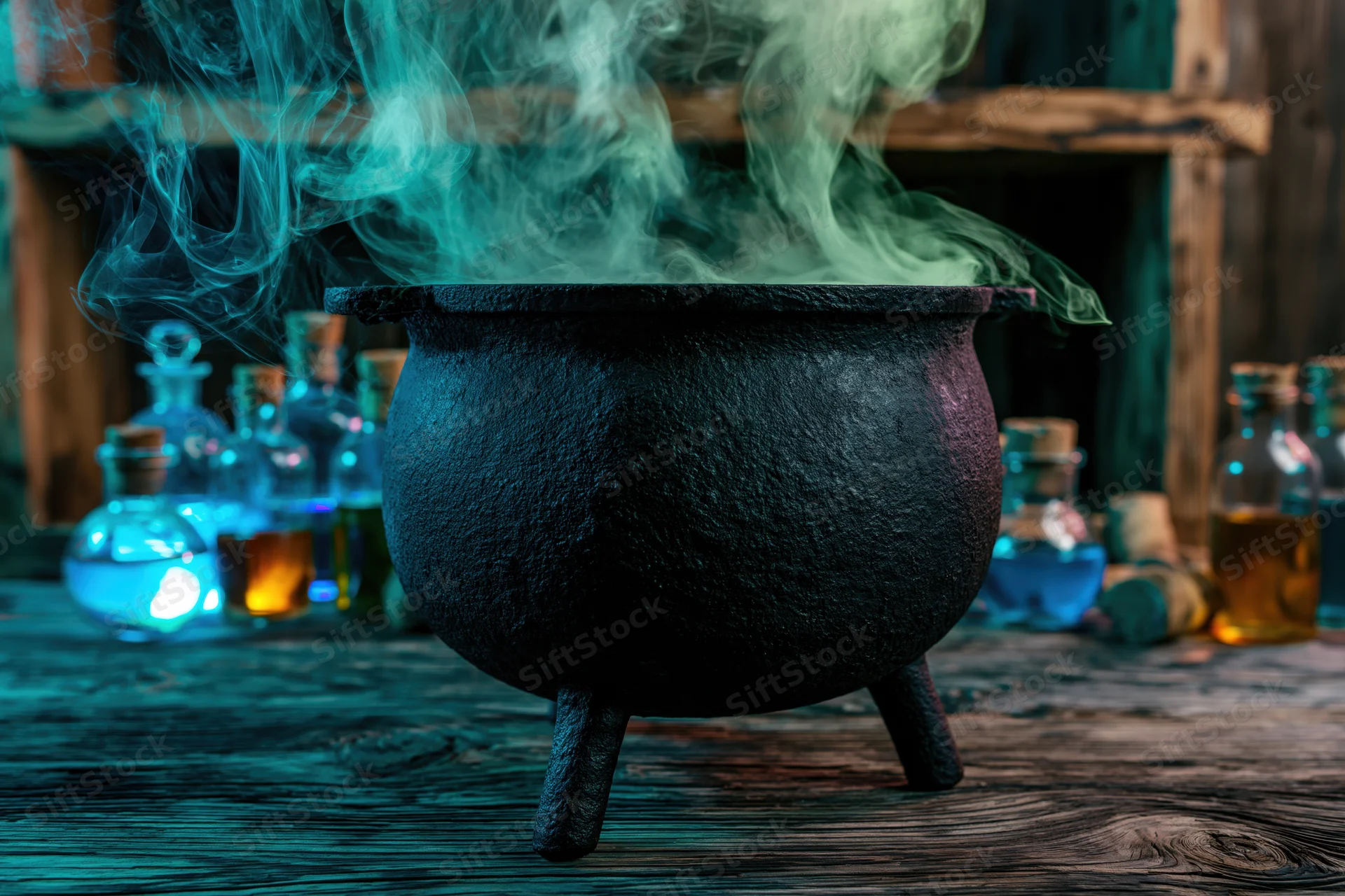 Cast iron cauldron emitting teal smoke on a wooden table surrounded by glowing potion bottles