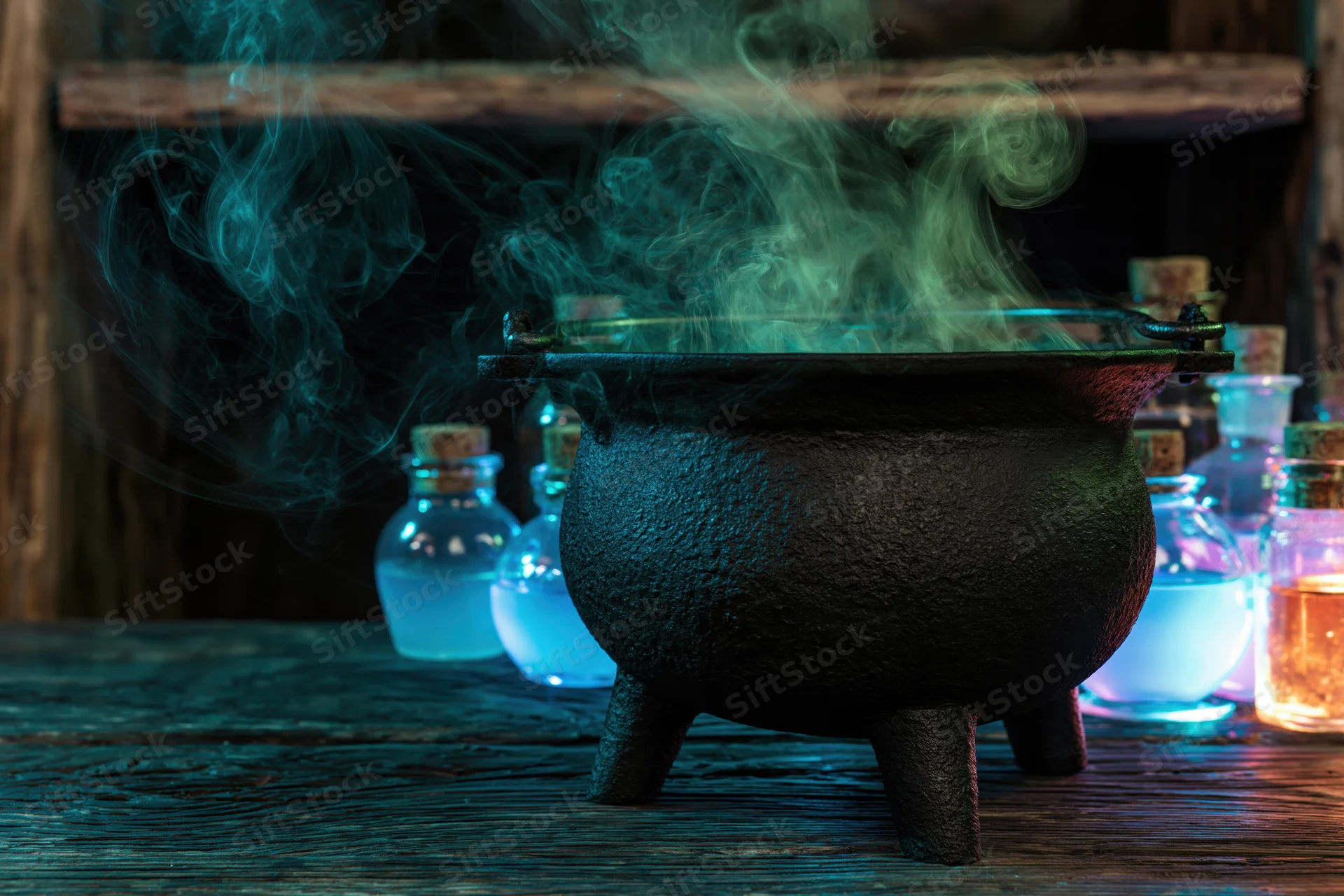 Cast iron cauldron emitting swirling smoke on a wooden table surrounded by glowing potion bottles in a dimly lit setting
