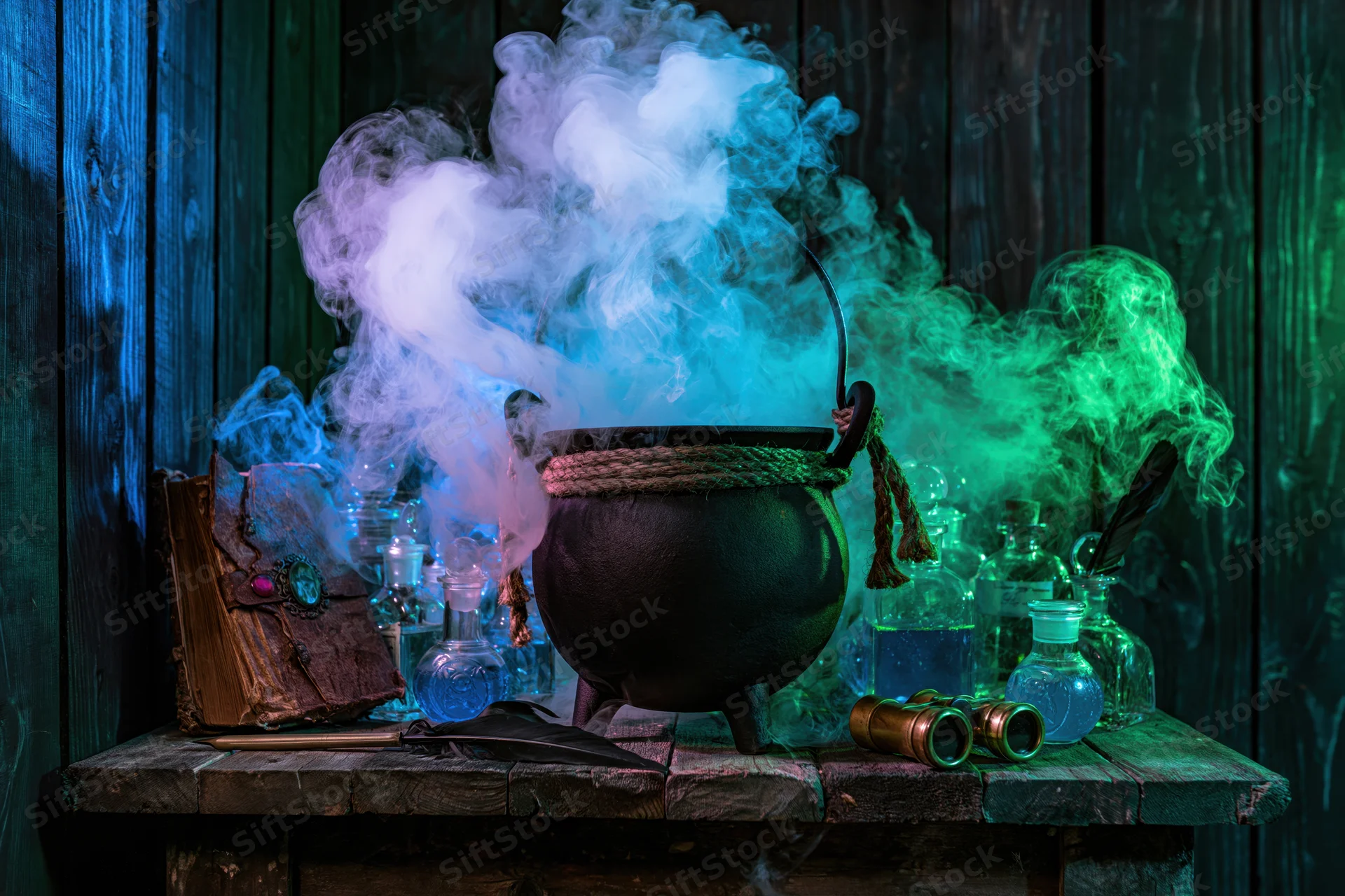 Cast iron cauldron emitting colorful smoke on a rustic wooden table surrounded by potion bottles and a grimoire