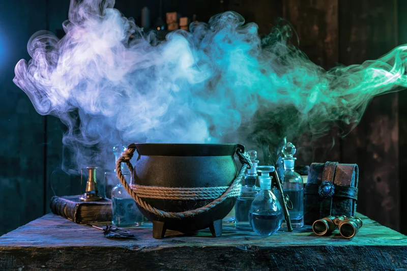 Steaming cauldron with rope binding on rustic wooden table surrounded by potion bottles and mystical objects