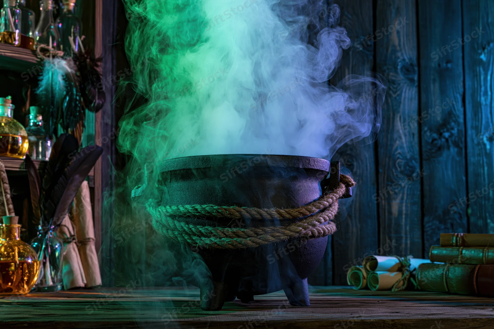 Cast iron cauldron emitting green and blue smoke on wooden table surrounded by potion bottles, feathers, and scrolls