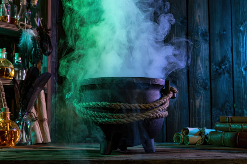 Cast iron cauldron emitting green and blue smoke on wooden table surrounded by potion bottles, feathers, and scrolls