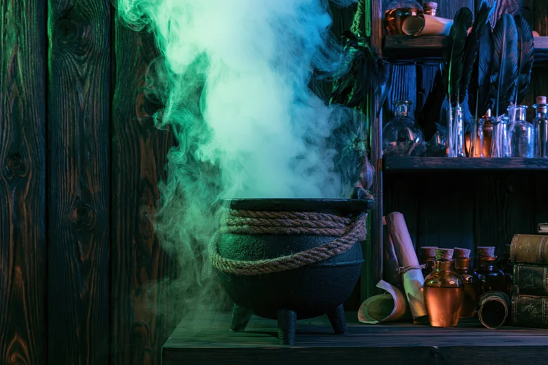 Cast iron cauldron emitting green smoke on wooden surface surrounded by potion bottles and mystical objects