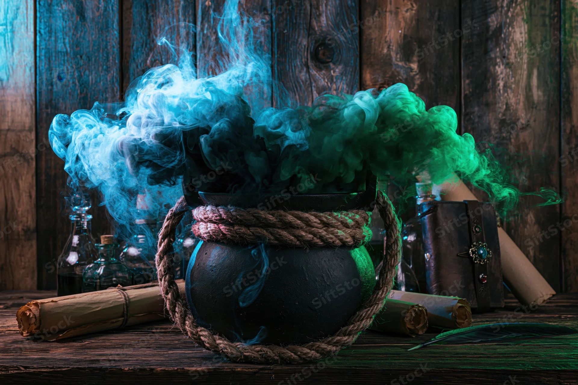 Cast iron cauldron emitting blue and green smoke on rustic wooden table with scrolls and bottles