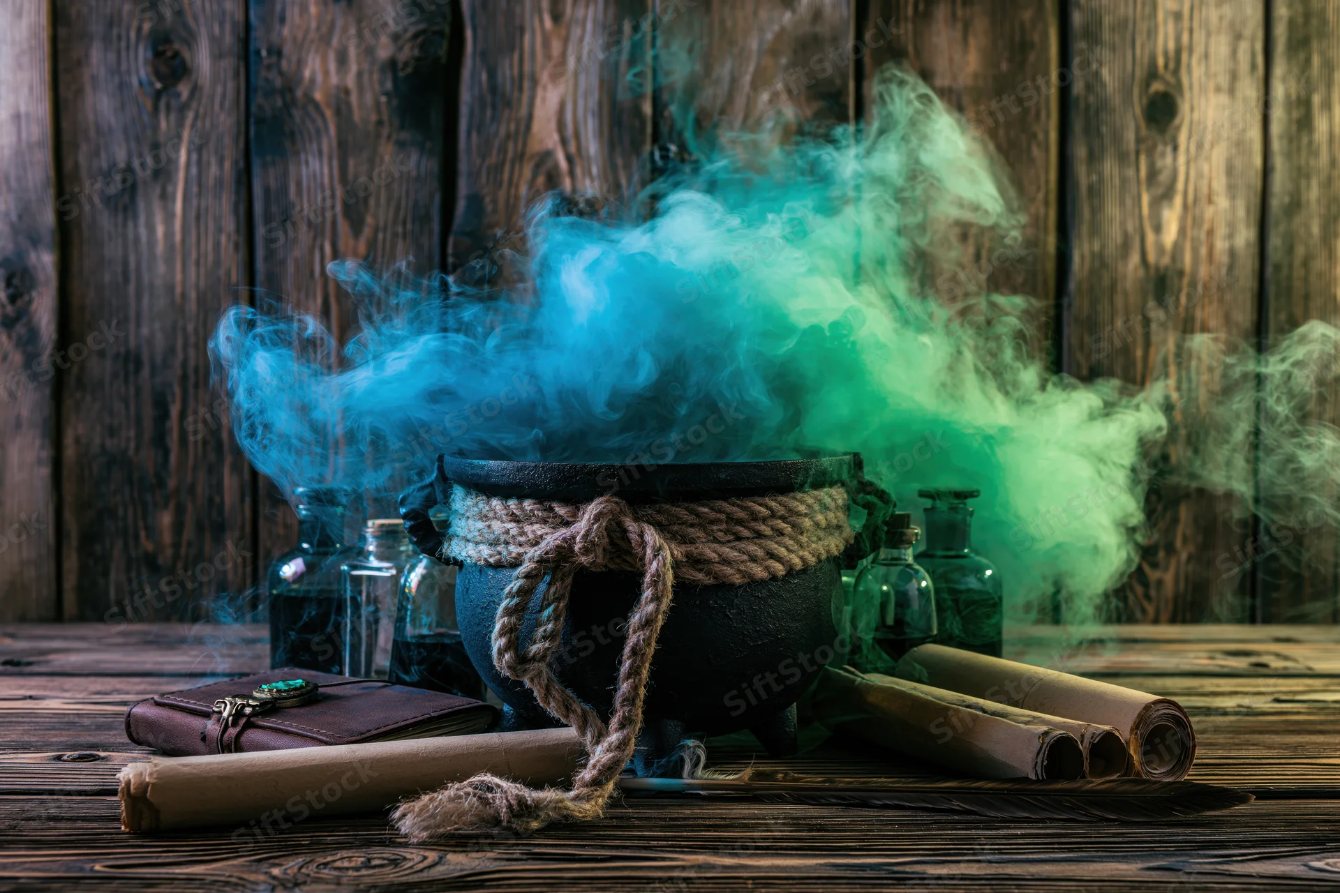Cast iron cauldron steaming with blue and green smoke on rustic wooden table surrounded by glass bottles scrolls and leather book