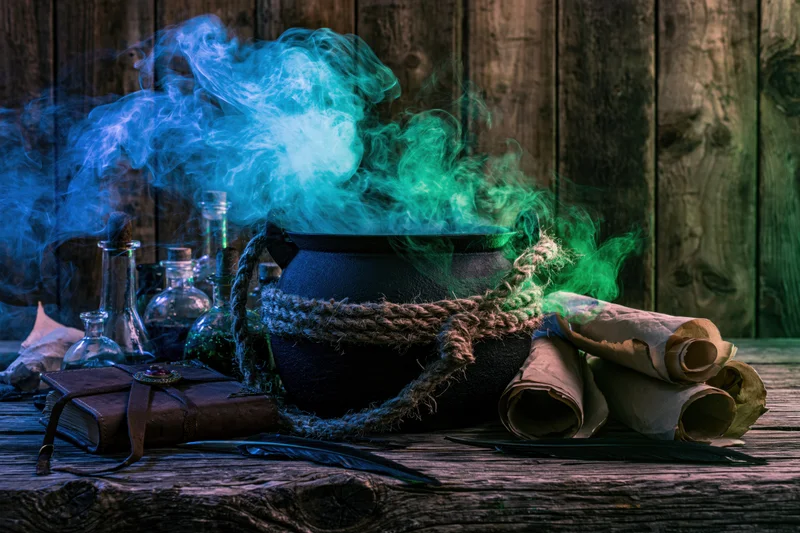 Cast iron cauldron wrapped in rope emitting blue and green smoke on rustic wooden table with scrolls, bottles, and grimoire