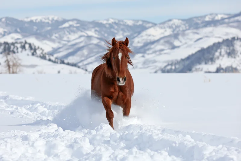Chestnut horse galloping through deep snow in a snowy mountain landscape