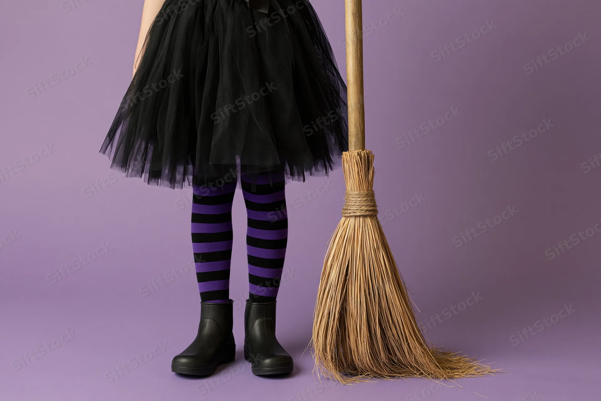 Child's legs in witch costume with straw broom beside them on purple background