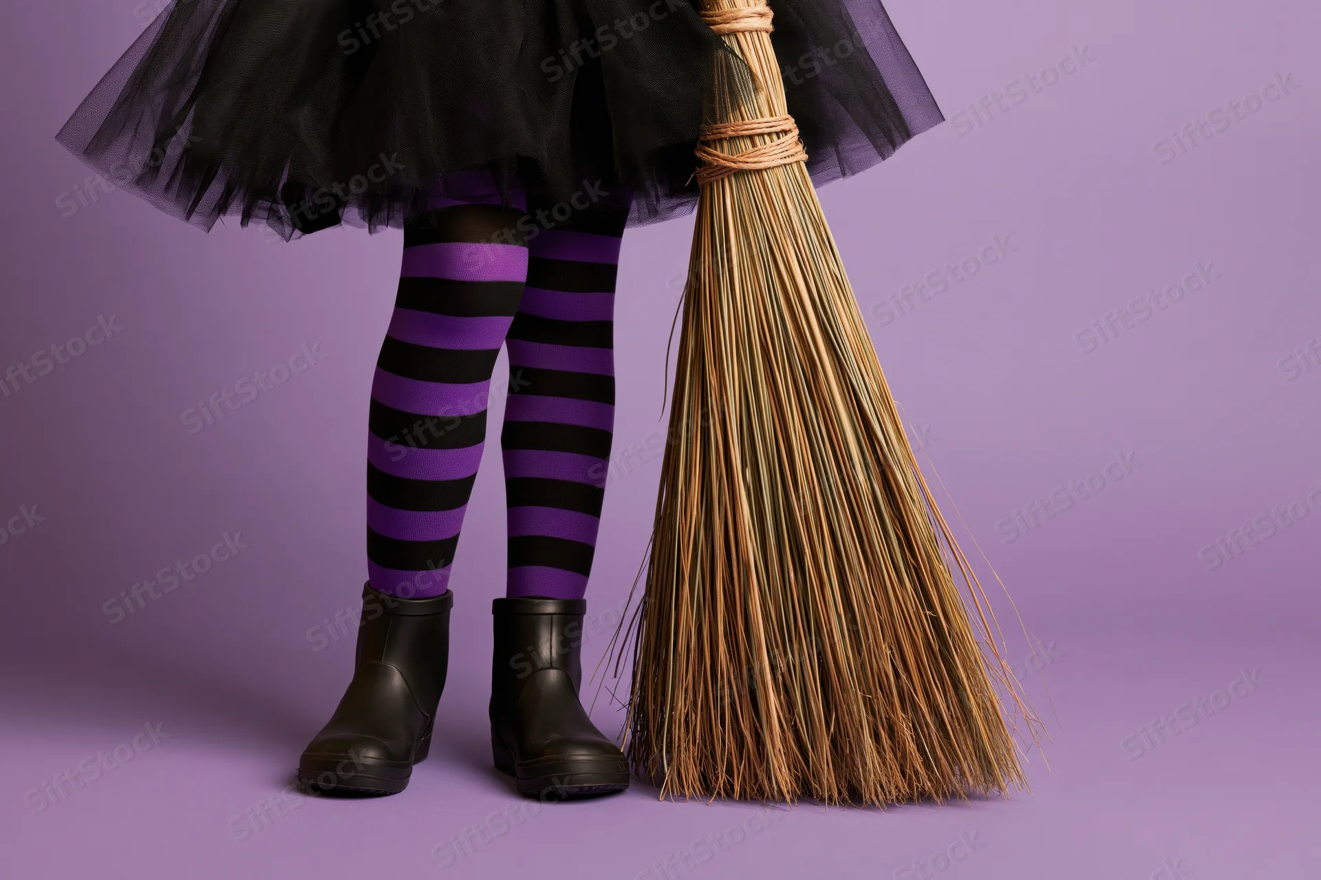 Child's legs in witch costume with straw broom on purple background