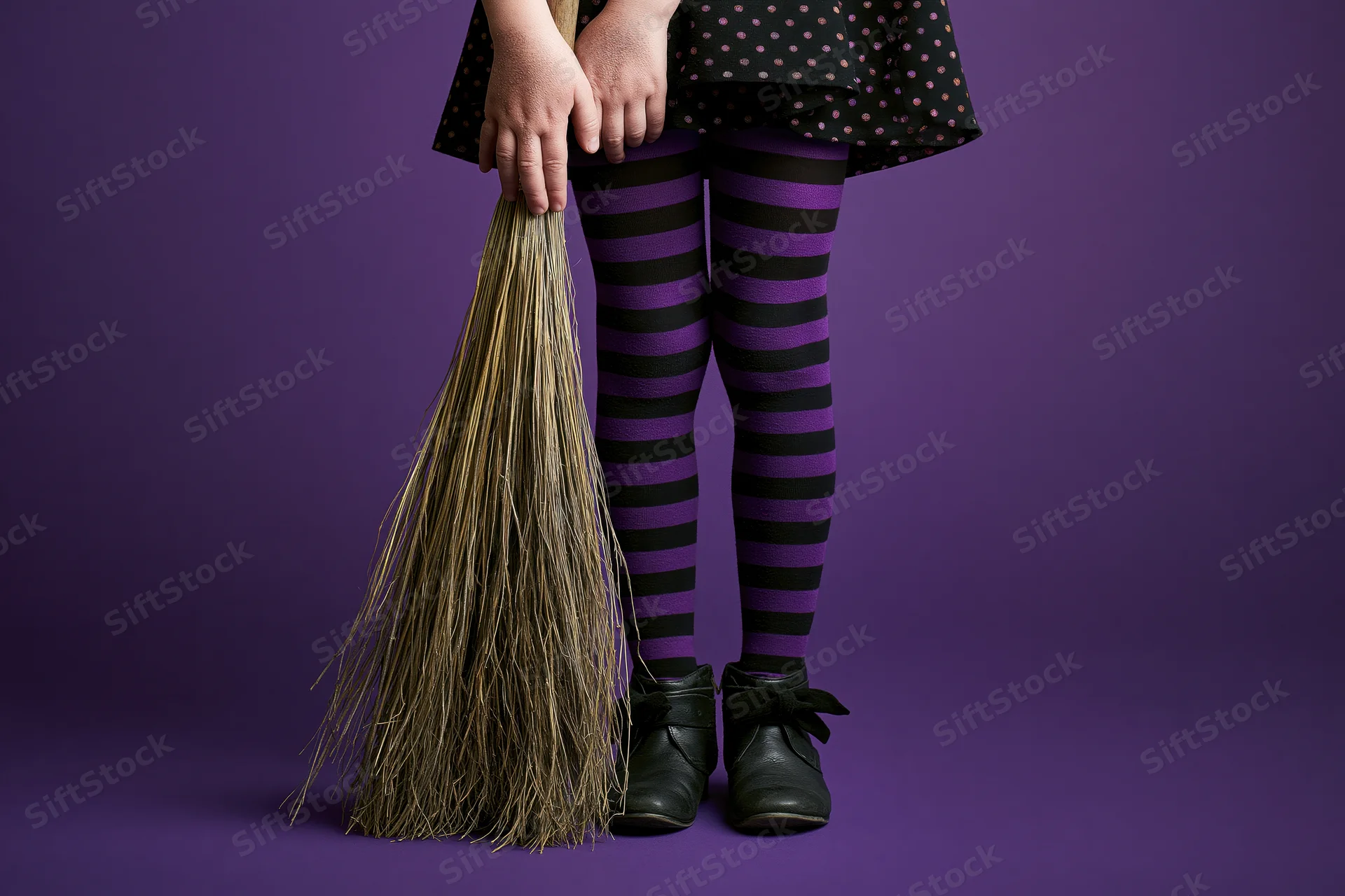 Child's legs in witch costume holding broom against purple backdrop