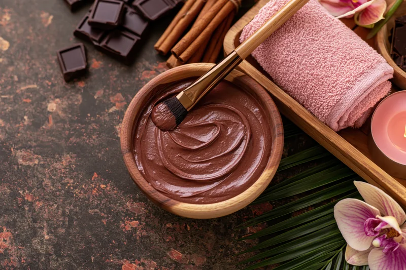 Chocolate spa treatment flatlay with brush in wooden bowl, towel, candle, orchid, cinnamon sticks on dark stone surface