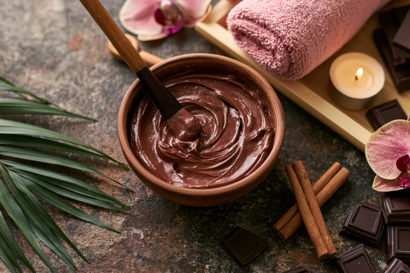 Chocolate spa treatment cream in a wooden bowl with cinnamon sticks and orchids on a dark stone surface