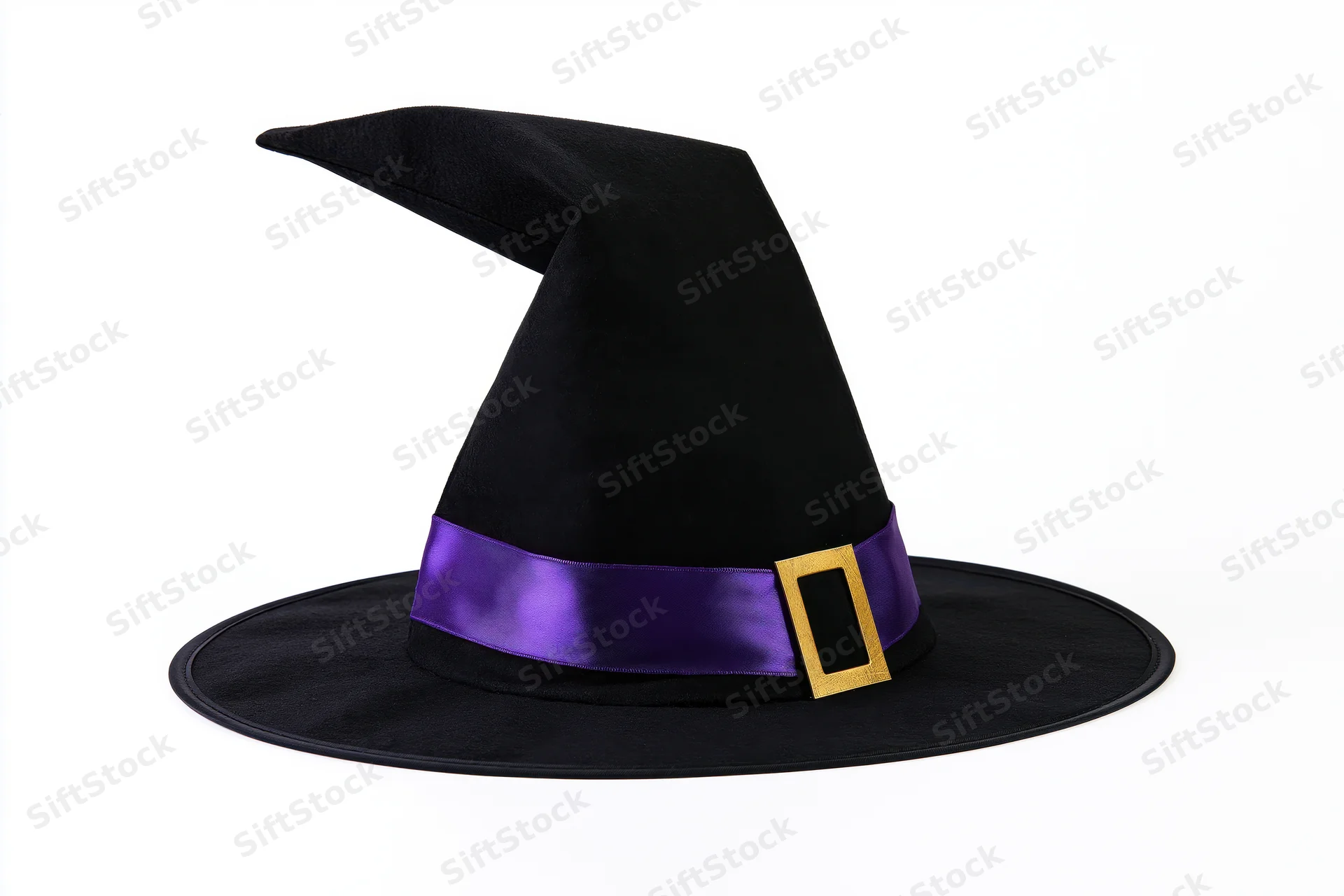 Black witch hat with purple ribbon and gold buckle on white background