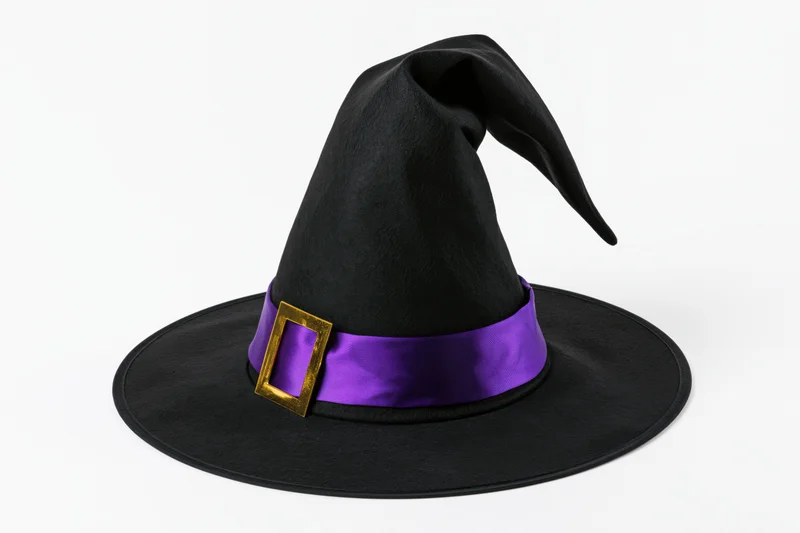 Black witch hat with tall curved pointed crown and purple ribbon buckle on white background