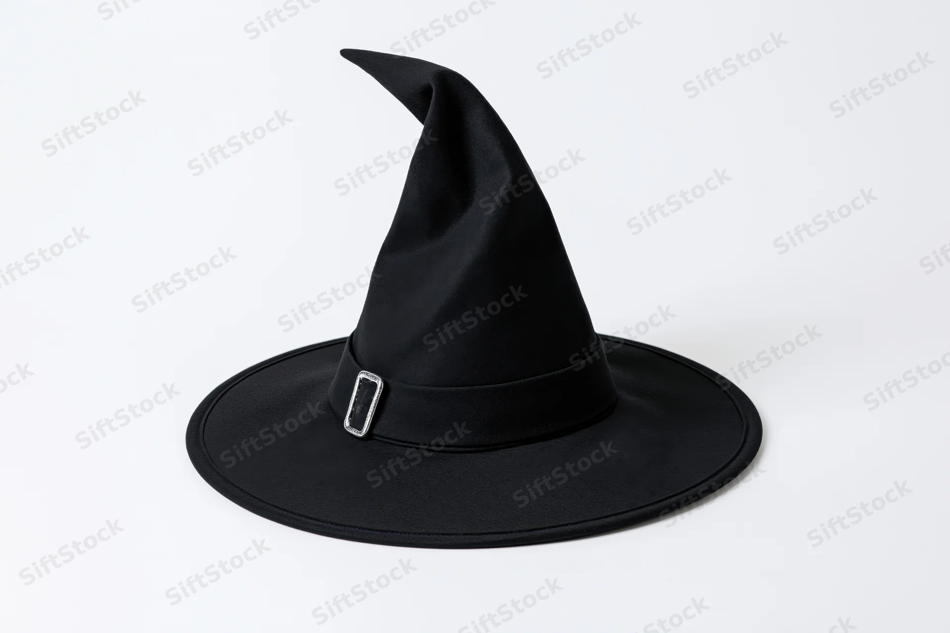 Black witch hat with tall pointed crown and wide brim on white background