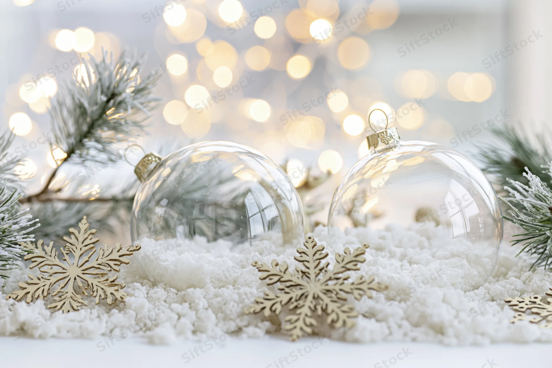 Clear glass christmas ornaments resting in artificial snow with pine branches and bokeh lights