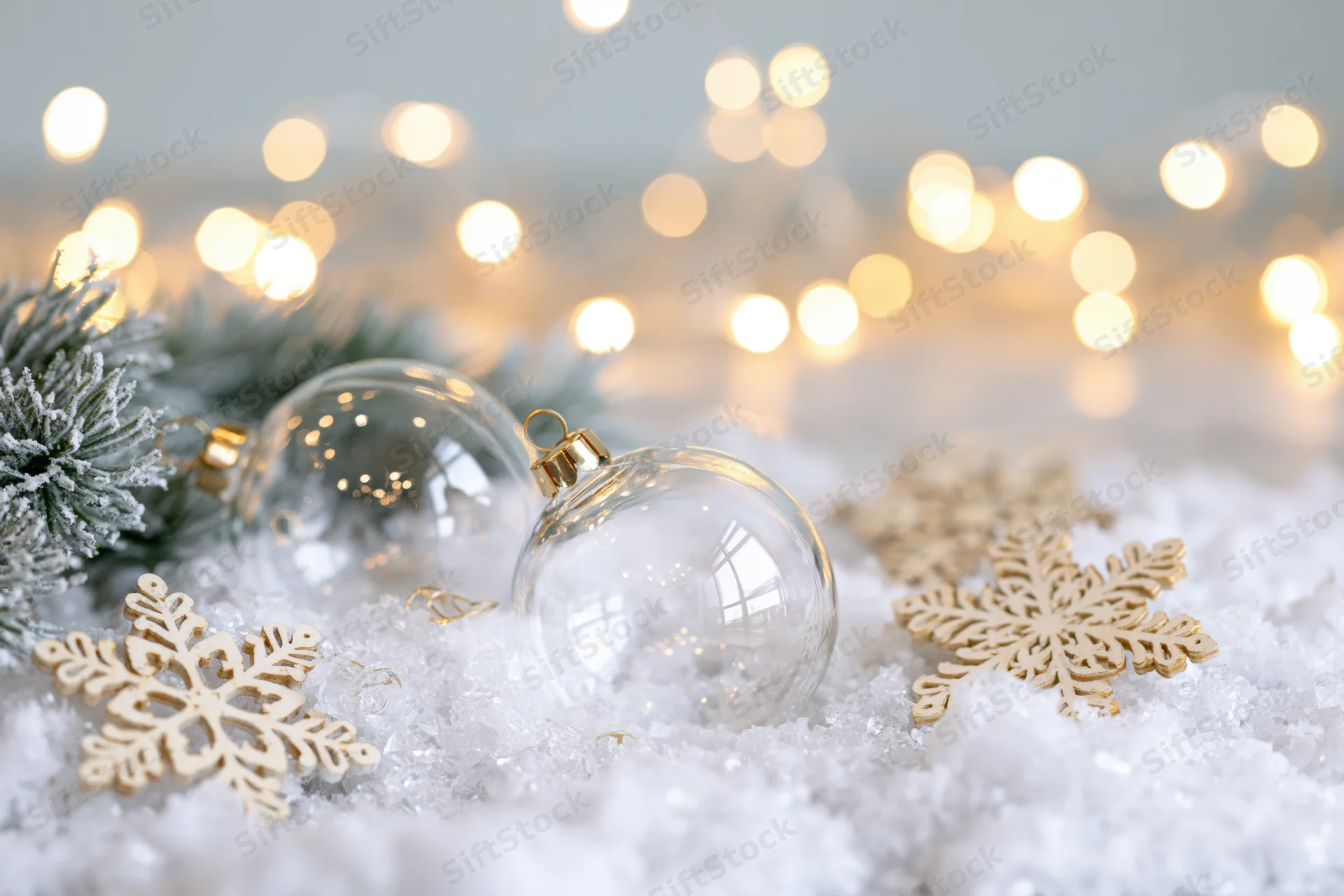 Clear glass christmas ornaments and wooden snowflakes resting in artificial snow with blurred lights in background
