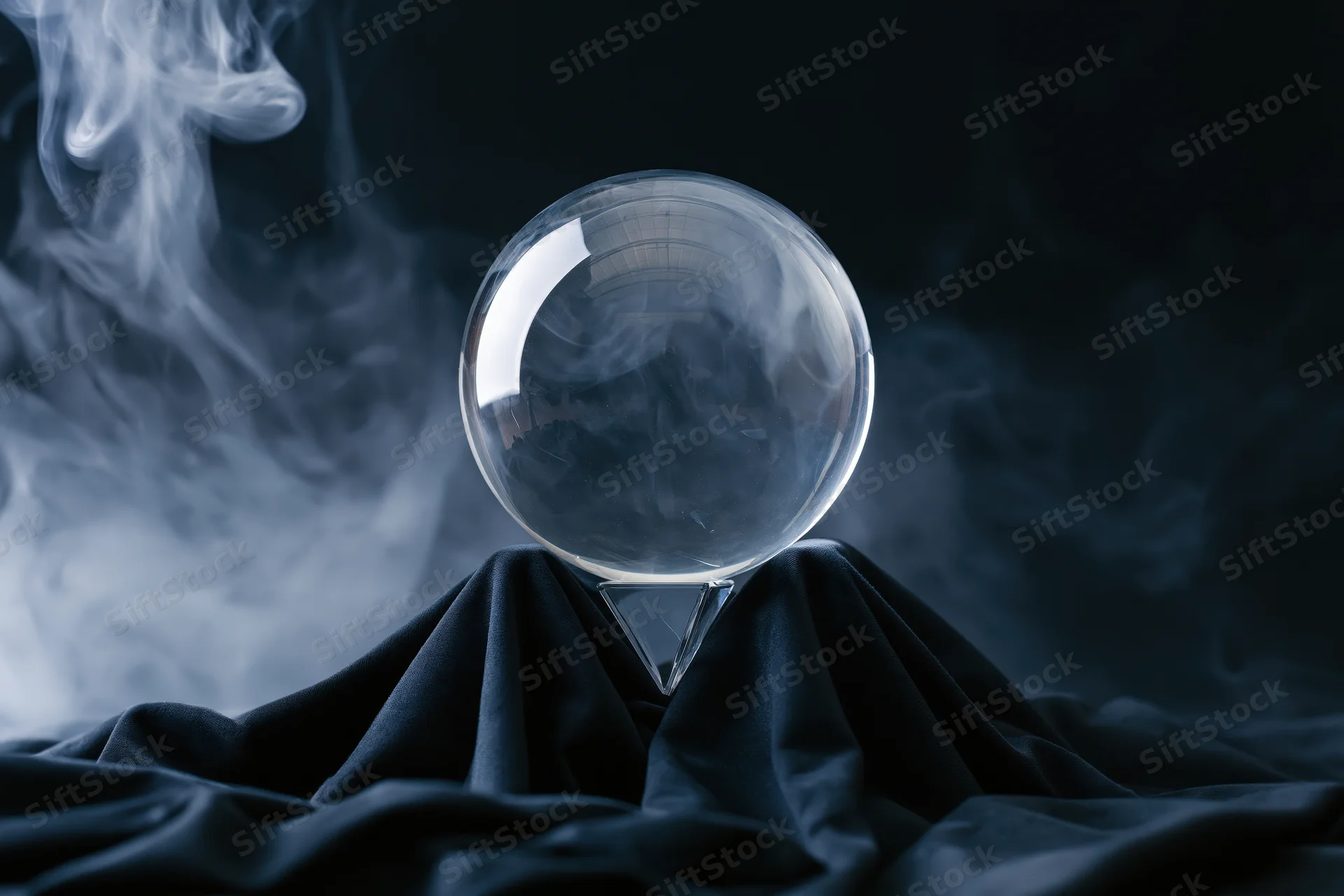 Clear glass crystal ball resting on a triangular stand draped in black fabric with swirling smoke in dark studio setting