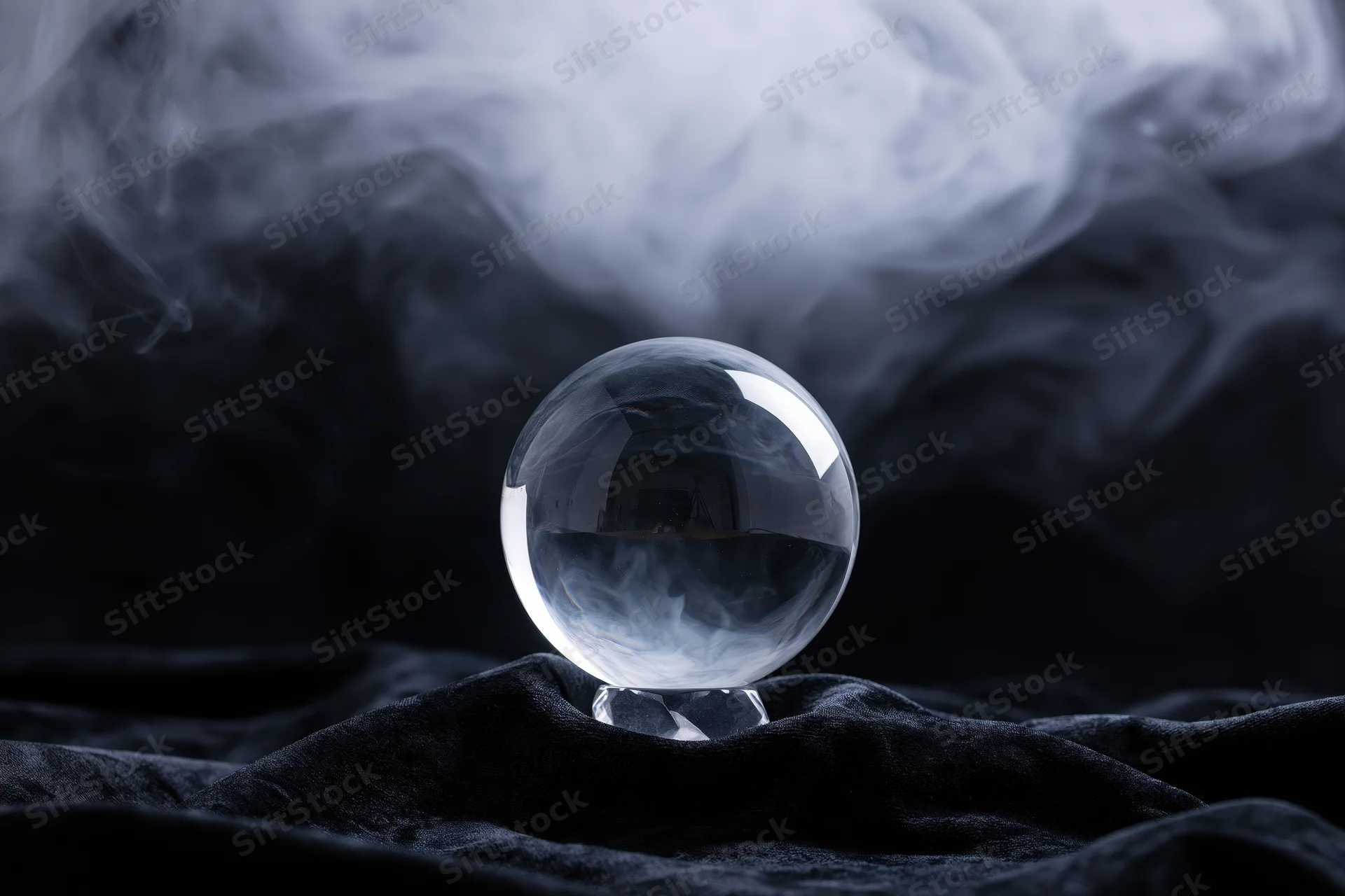 Clear glass crystal ball resting on a small crystal base surrounded by swirling smoke on dark fabric
