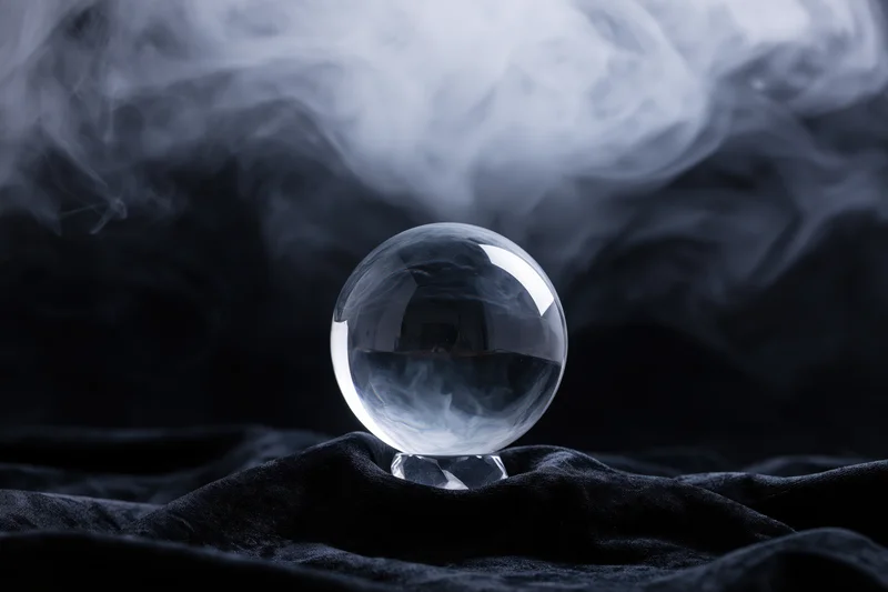 Clear glass crystal ball resting on a small crystal base surrounded by swirling smoke on dark fabric