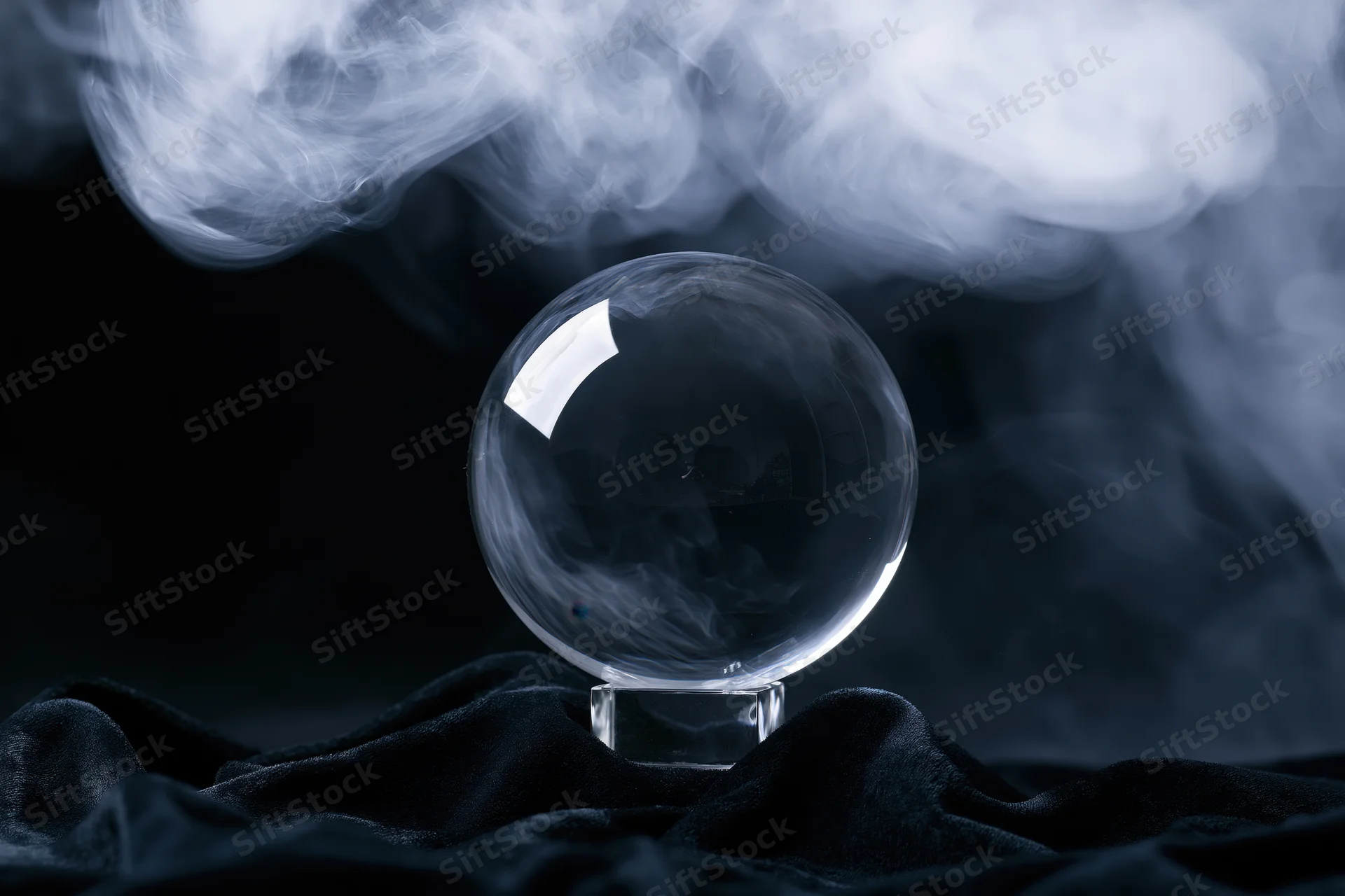 Crystal ball on a crystal base surrounded by smoke on dark velvet fabric
