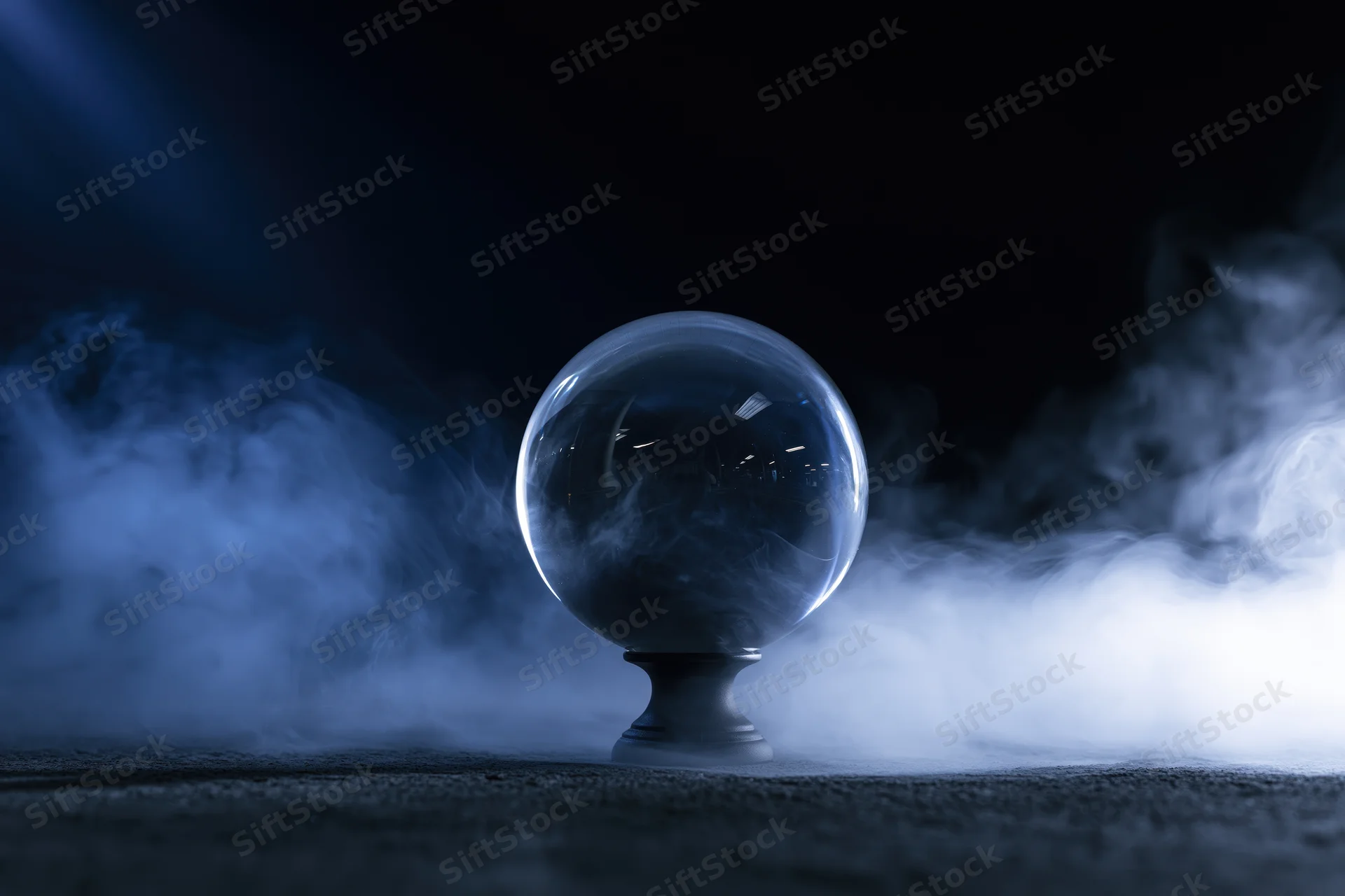 Crystal ball on a dark pedestal surrounded by swirling smoke in a dim blue-lit setting