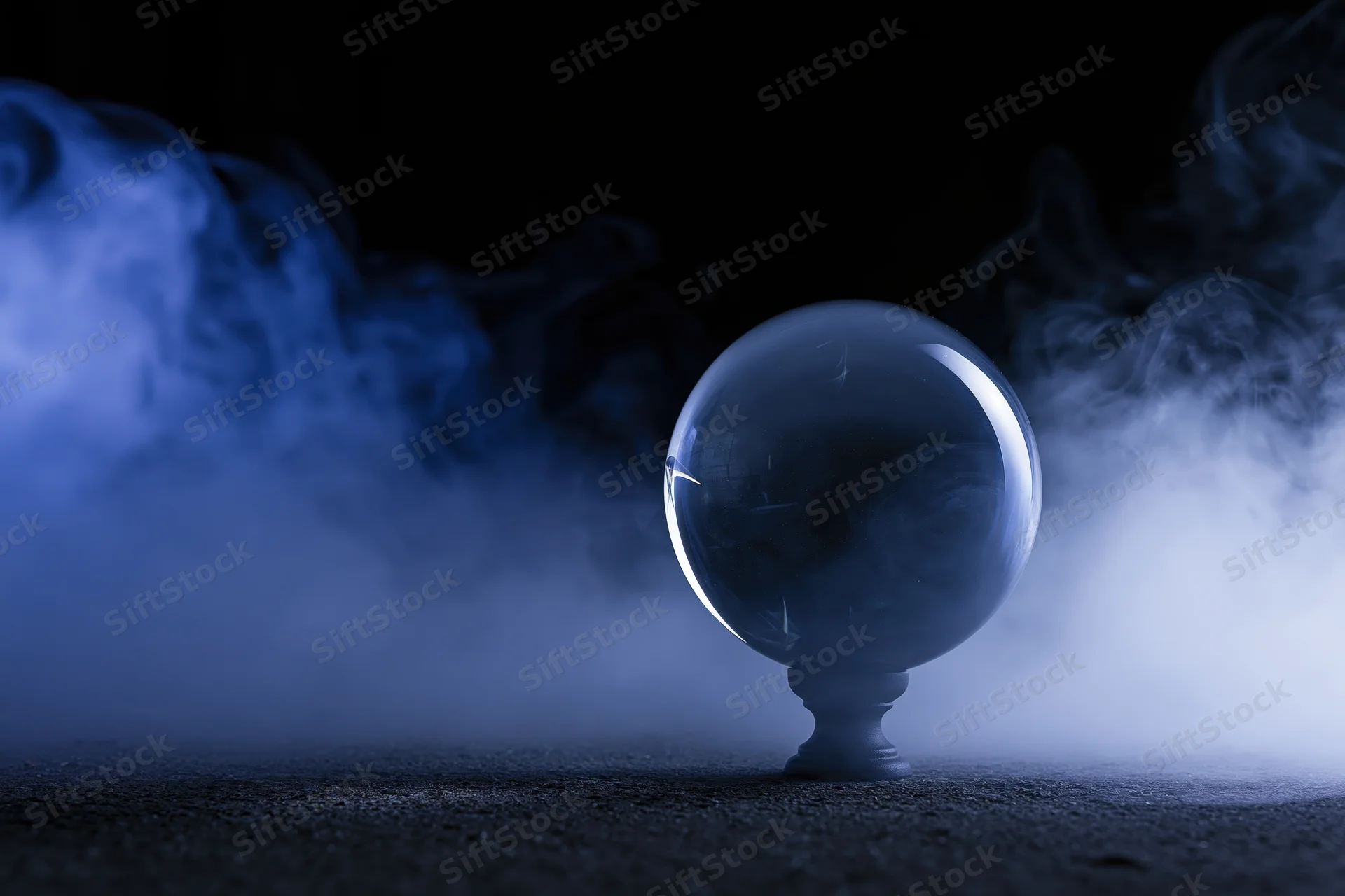 Crystal ball on a pedestal surrounded by blue smoke in a dark setting