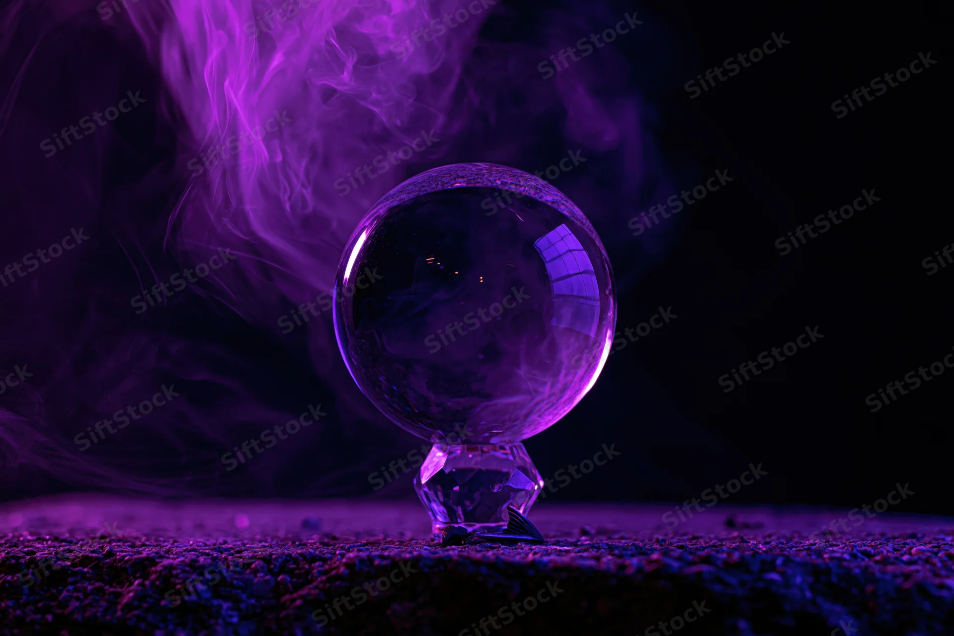 Crystal ball resting on a faceted stand with purple smoke swirling around it on a dark textured surface