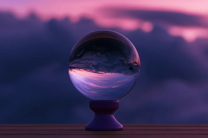 Crystal ball on a purple pedestal reflecting a pink and purple sunset sky over a wooden surface