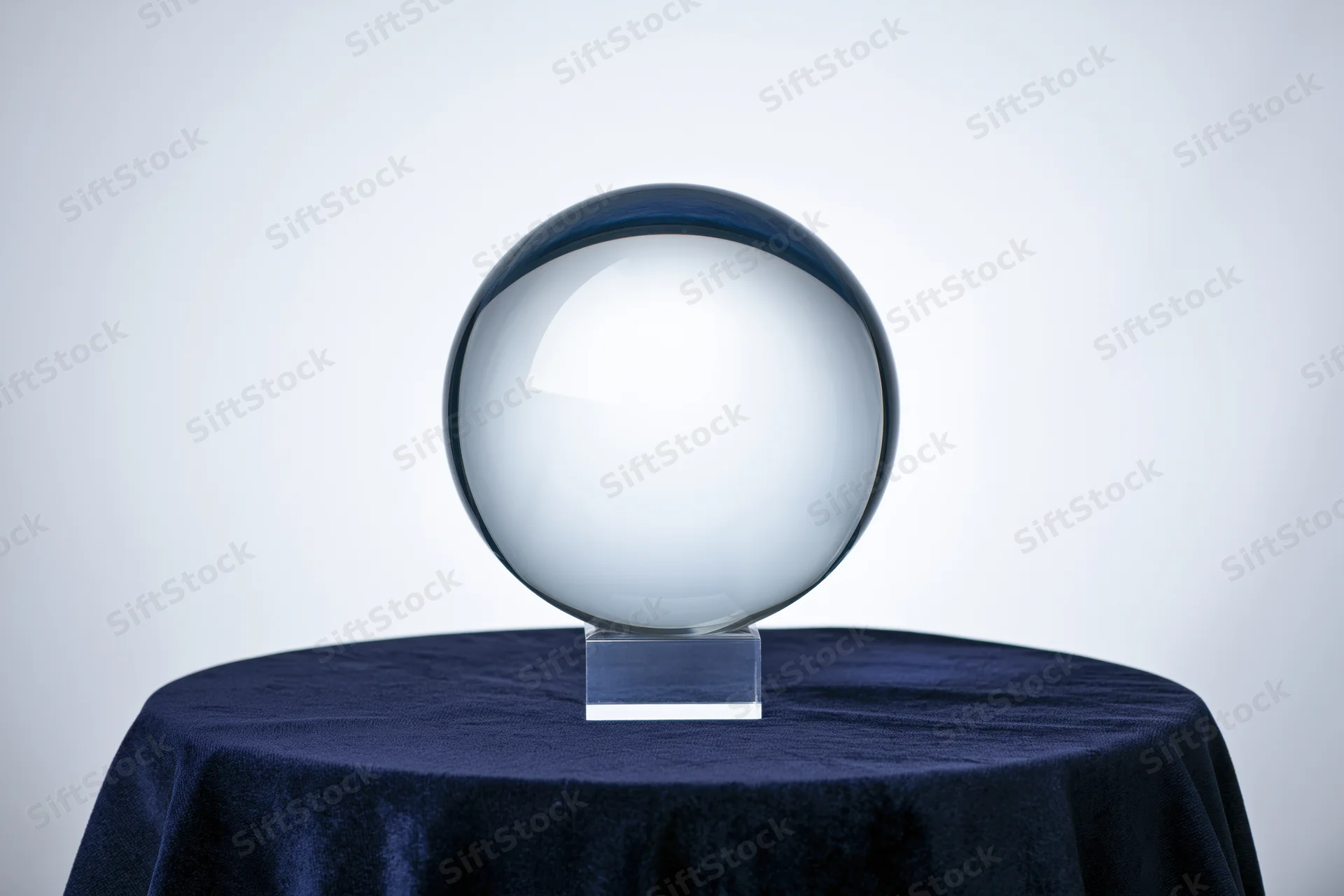 Clear glass crystal ball on a transparent acrylic stand resting on a navy blue velvet-covered table against a white background