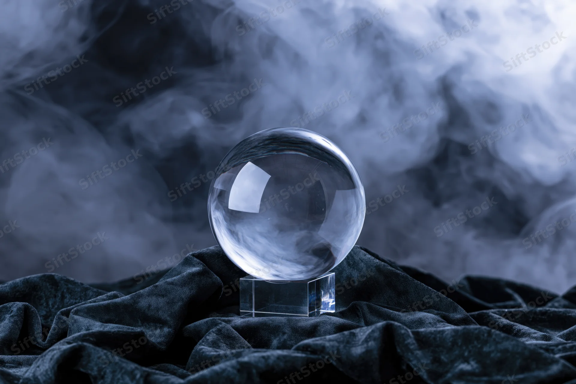 Crystal ball resting on a transparent acrylic stand atop dark velvet fabric with swirling smoke in the background