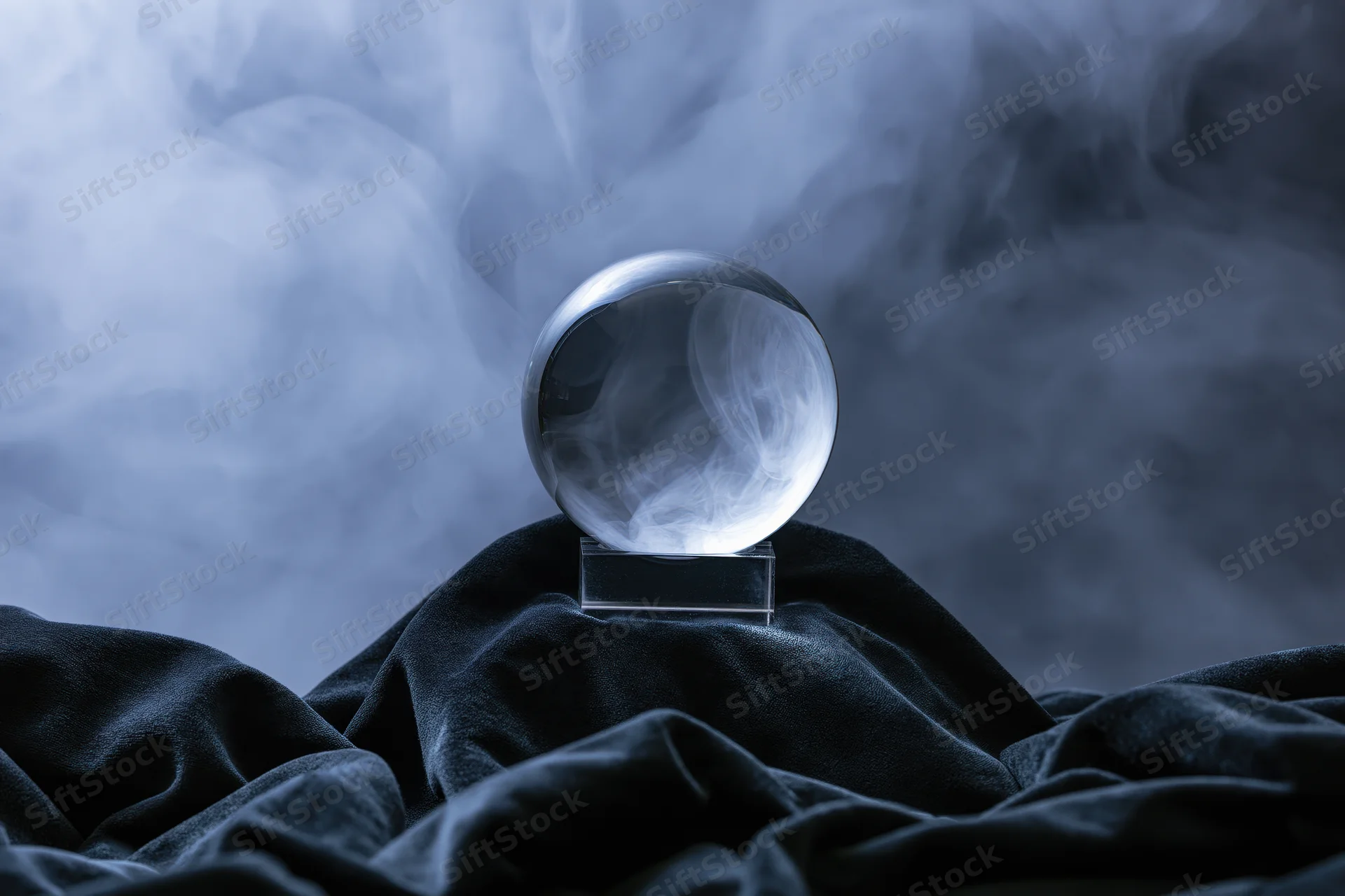 Crystal ball resting on a black velvet cloth with swirling smoke in the background