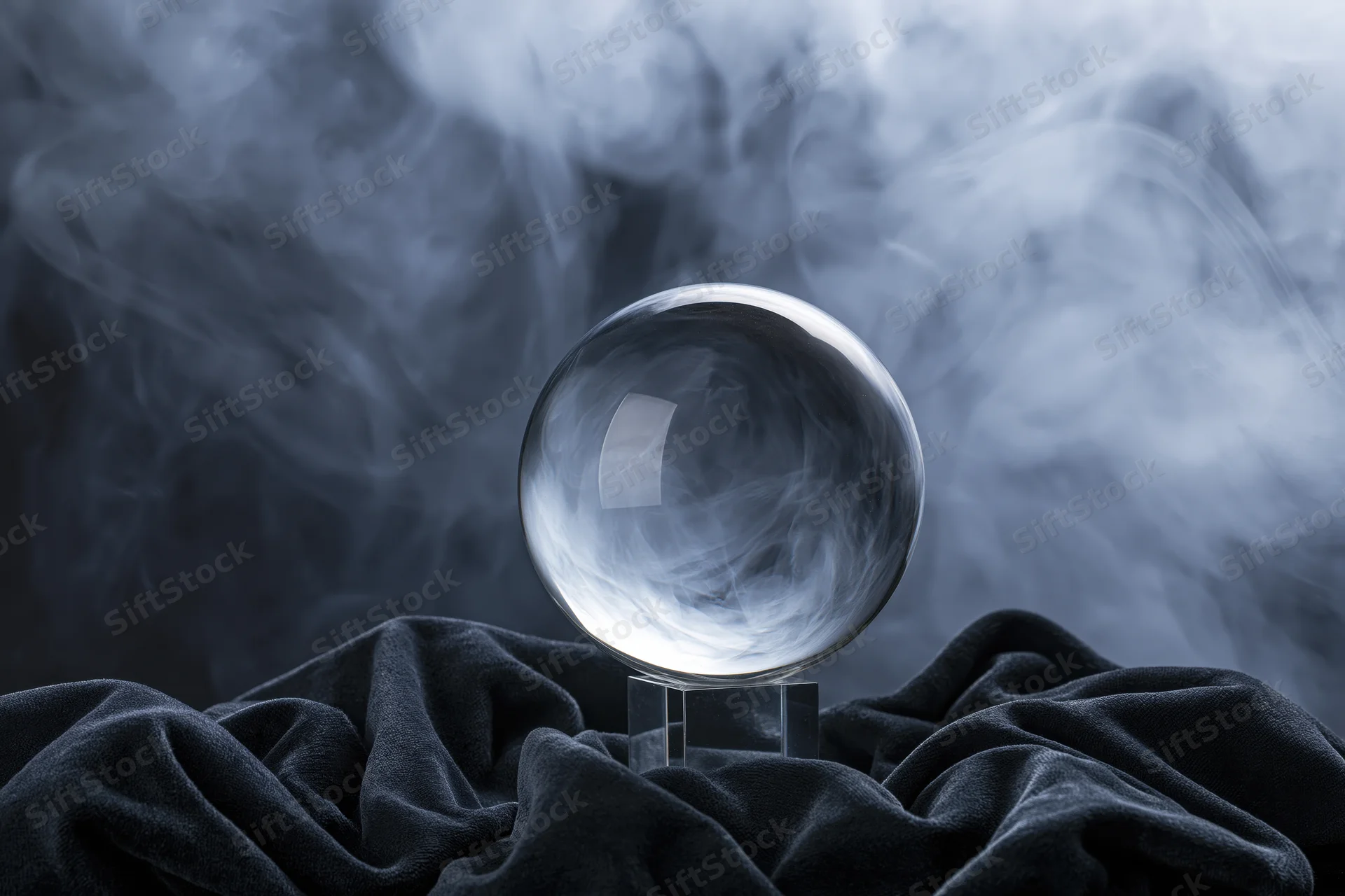 Crystal ball resting on a transparent stand atop dark fabric with swirling smoke in the background