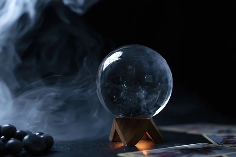 Crystal ball on wooden stand with smoke and tarot cards on dark surface