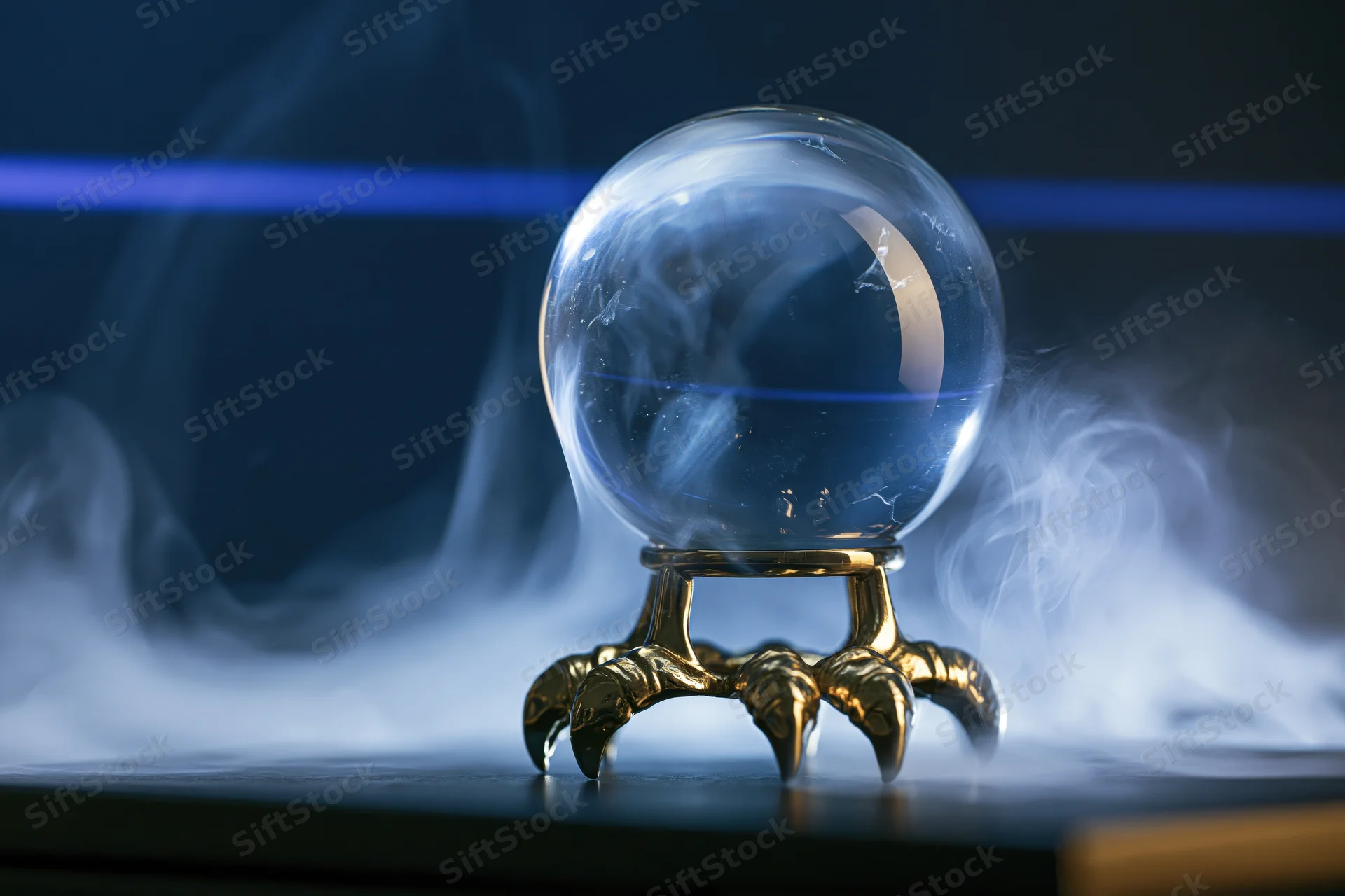 Crystal ball on ornate gold claw stand surrounded by swirling smoke in dark setting