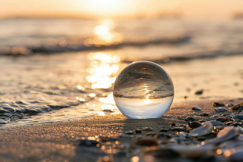 Glass lensball resting on wet sandy beach at sunset with ocean waves and reflections
