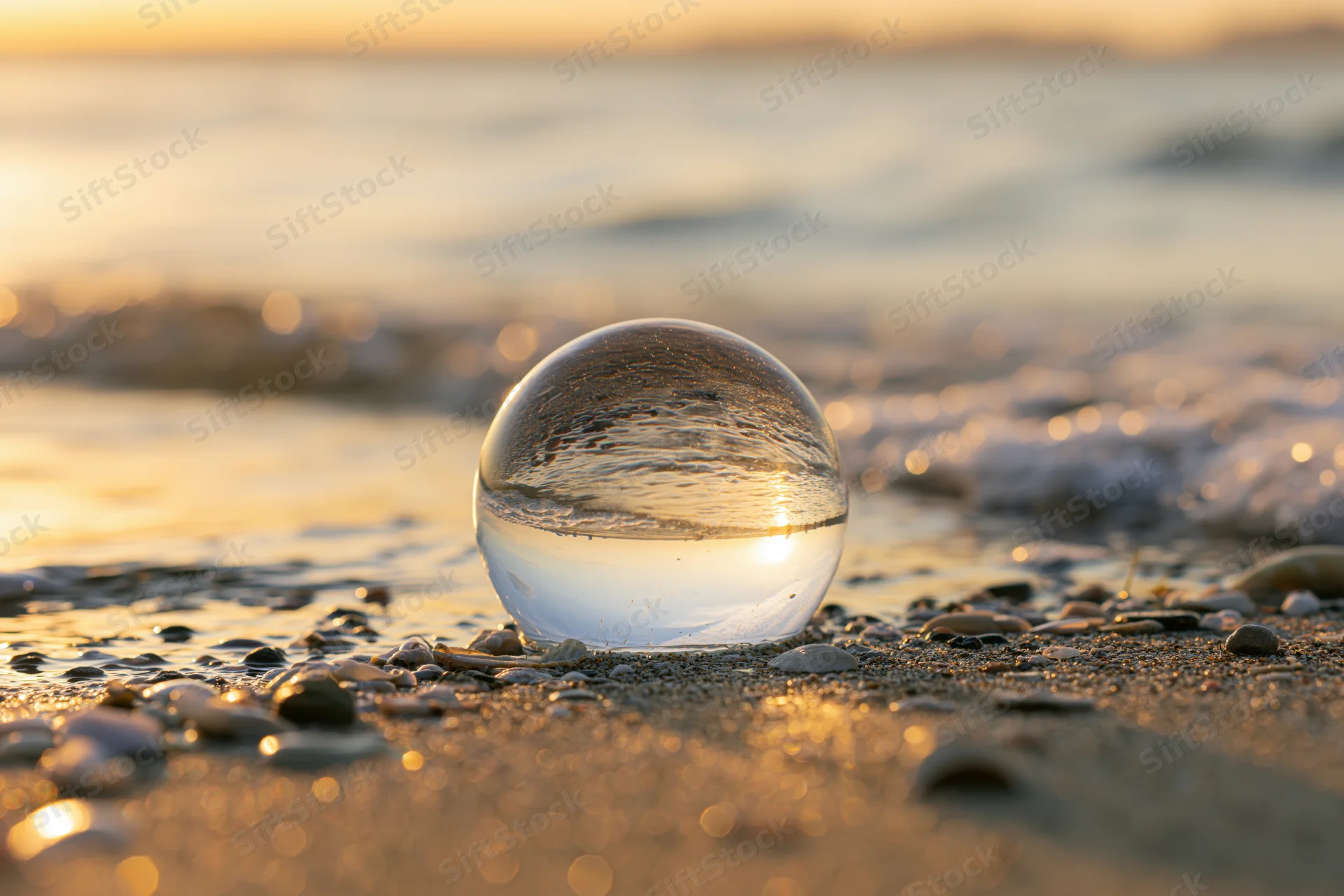 Clear glass lensball resting on wet sandy beach at sunset with ocean waves in background